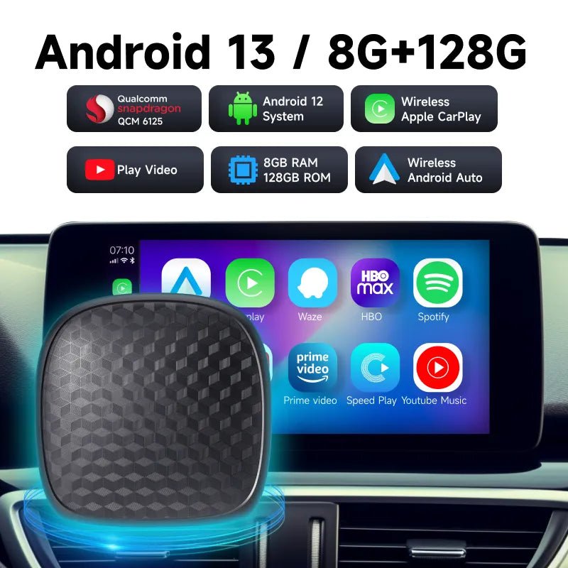 CarPlay Box QCM6125 8-Core Android 12 8+128GB Wireless CarPlay Android Auto YouTube Netflix IPTV 4G LTE GPS Play Store