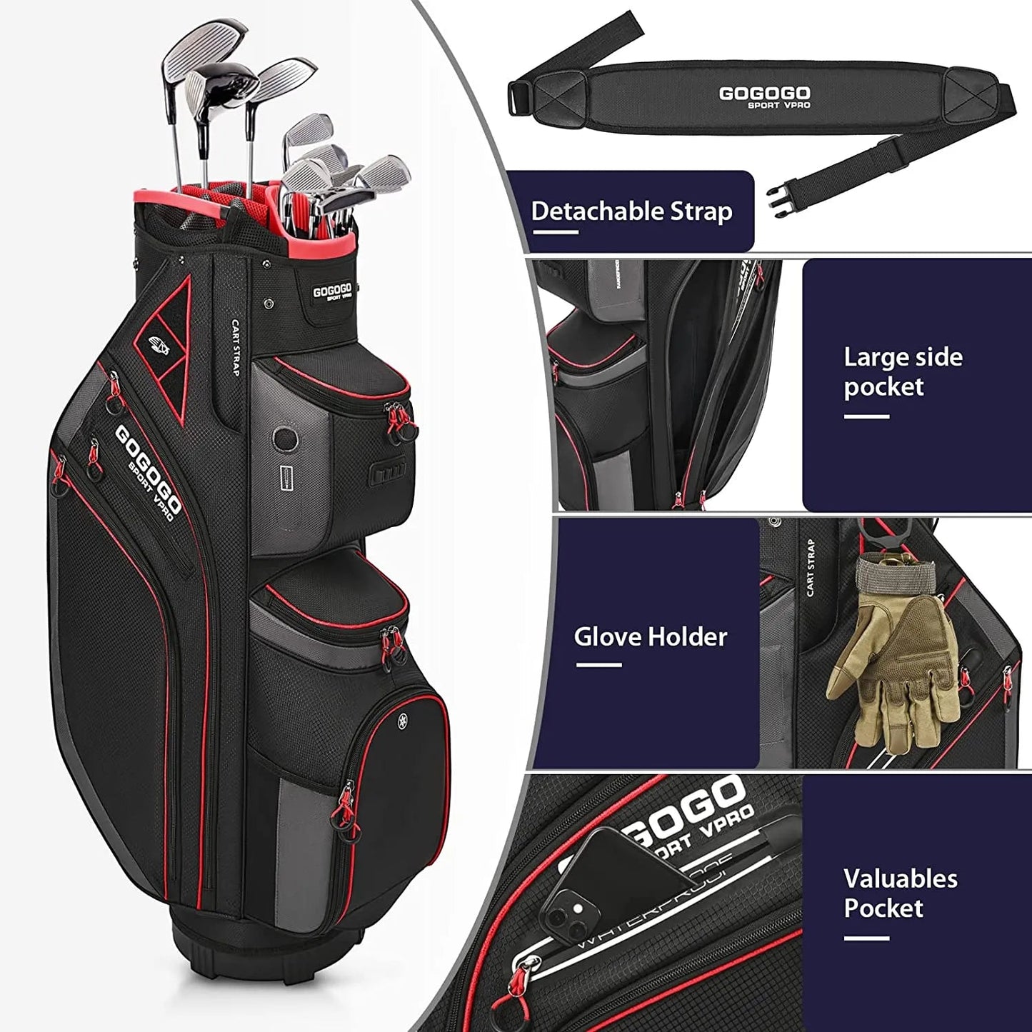 Gogogo Sport Vpro Golf Cart Bag 14 Way Dividers Golf Club Bag with 11 Pockets Cooler Bag Magnet Strap Full Length Well Caddy Bag*